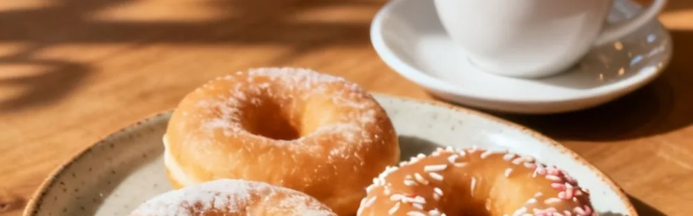Sugar-dusted donuts on a plate with a white cup of coffee behind them.