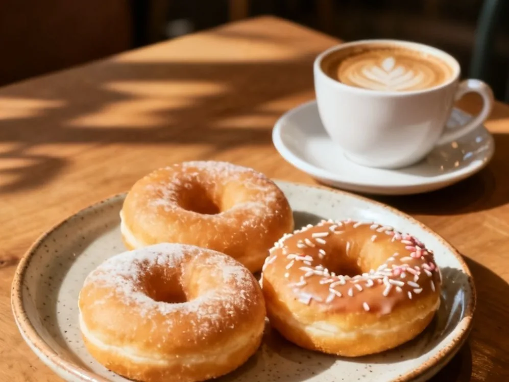 Three donuts on a plate beside a cup of coffee with latte art on a wooden table.