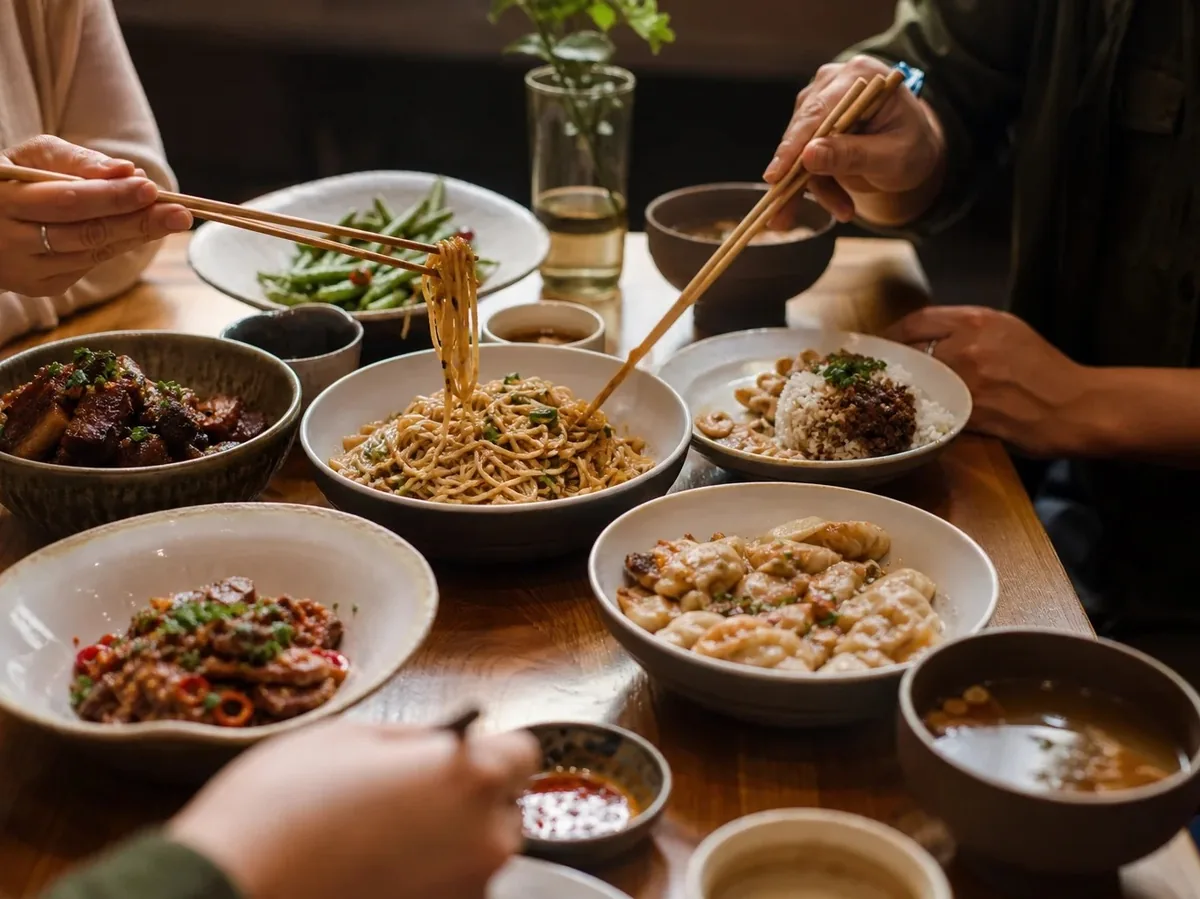 People sharing bowls of noodles, dumplings, rice, and vegetables with chopsticks at a wooden table.