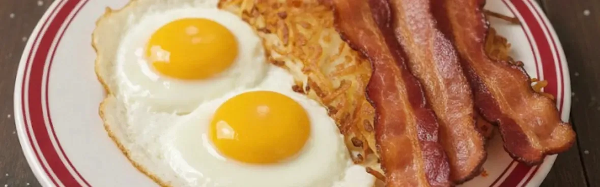 Fried eggs, hash browns and bacon strips on a plate.