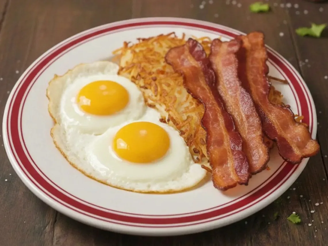 Two fried eggs, crisp bacon rashers and hash browns served on a plate.