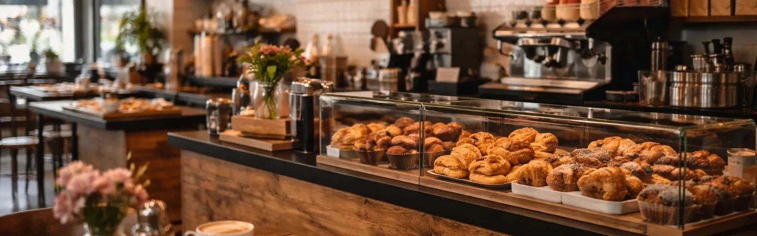 Cafe counter with croissants and pastries in a glass display case and espresso machines behind it.