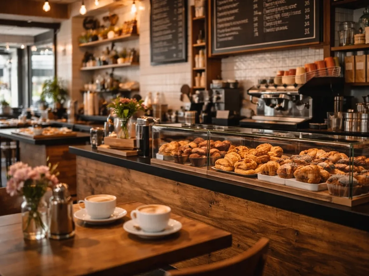 A coffee shop interior with pastries in a display case and two coffees on a wooden table.