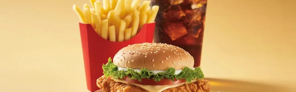 Chicken burger with lettuce and tomato, a carton of french fries and a glass of cola.