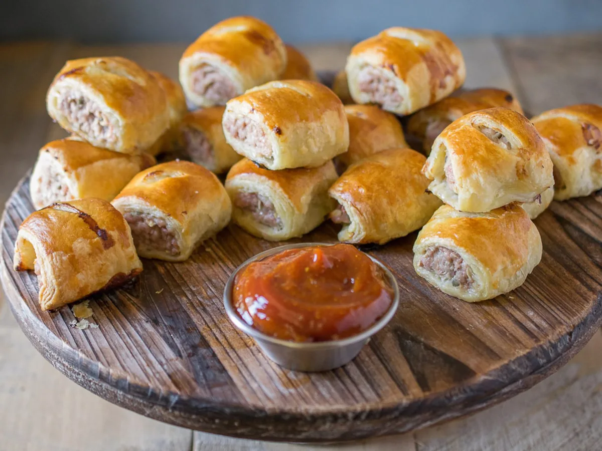 Sausage rolls on a wooden board with dip