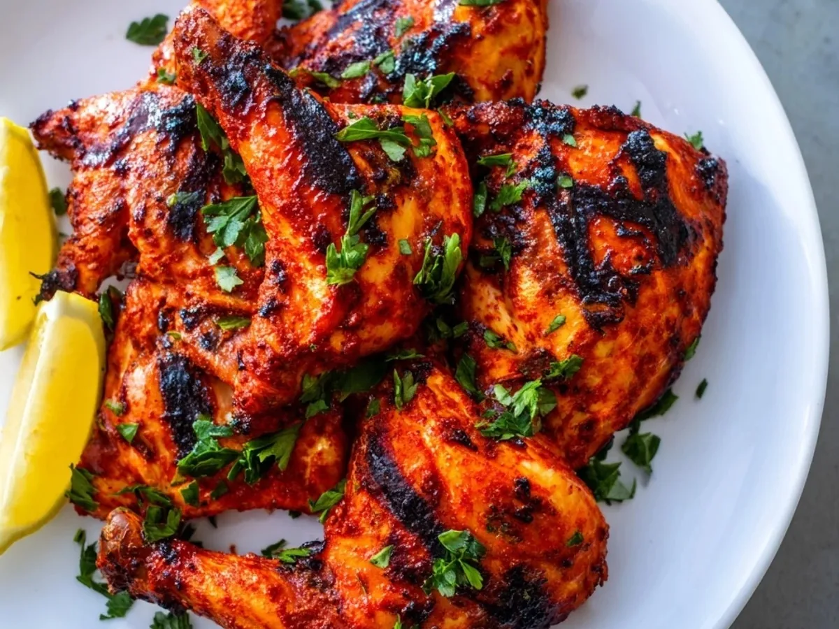 Charred peri-peri chicken pieces with lemon