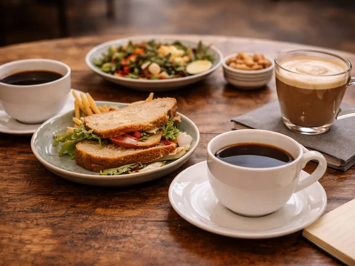 Sandwich, salad and coffees on a wooden table
