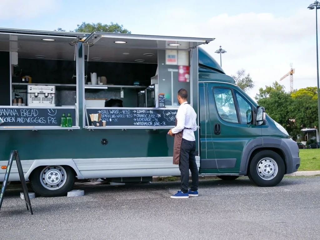 A food truck with a chalkboard menu at its serving window and a man standing beside it.