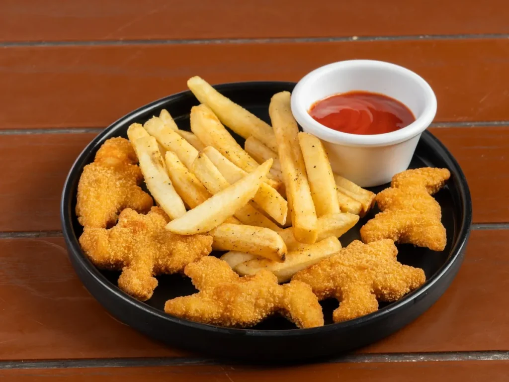 Dinosaur-shaped chicken nuggets and French fries on a black plate with a small bowl of ketchup.