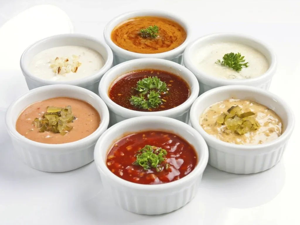 Seven small bowls of assorted dipping sauces garnished with herbs and pickles.