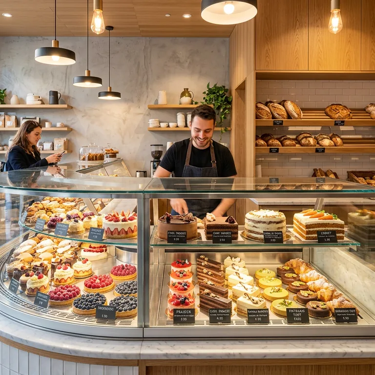 Staff behind a curved display case filled with cakes, tarts, and pastries, with bread on shelves behind them.