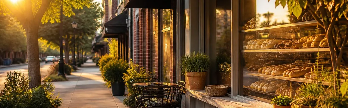 A sunlit street beside a bakery window displaying loaves of bread, with an outdoor table and plants.