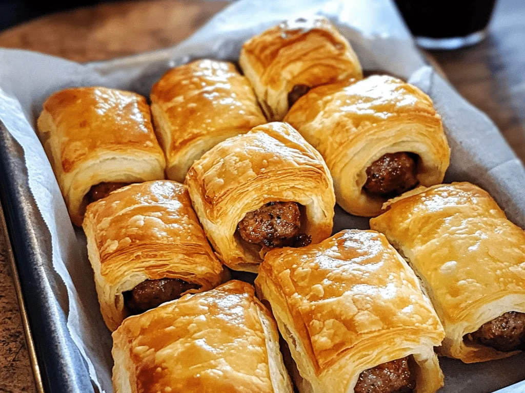 Golden sausage rolls arranged in rows on a parchment-lined tray.