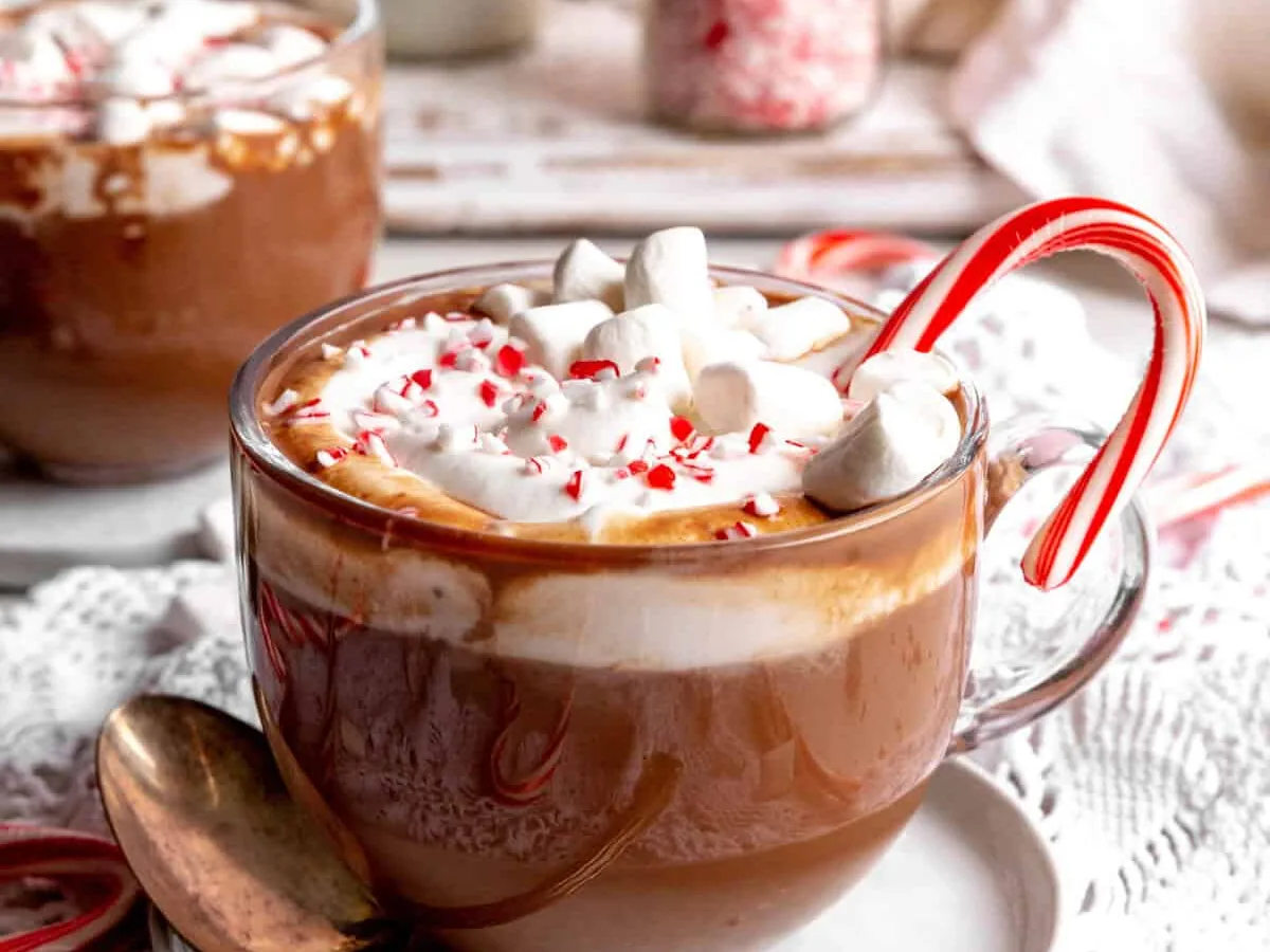 A mug of hot chocolate topped with whipped cream, marshmallows, and a candy cane.
