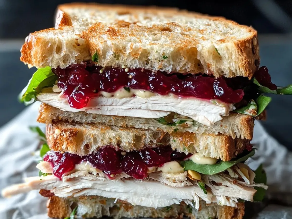 A stacked toasted sandwich filled with sliced turkey, cranberry sauce, and salad leaves.