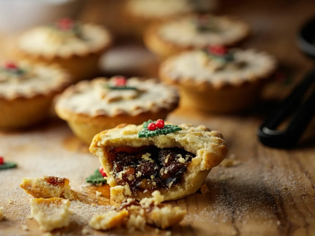 A mince pie cut open to show a dark fruit filling and decorated with holly, with more mince pies behind it.