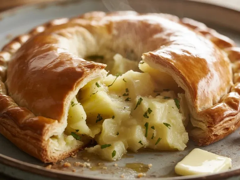 A golden pastry pie cut open to show a potato filling, with a pat of butter beside it on a plate.