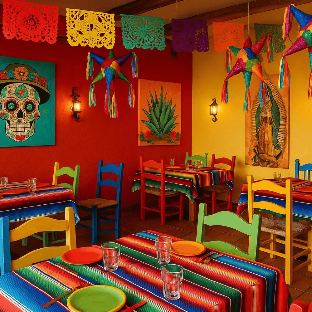 A colorful restaurant interior with striped tablecloths, bright chairs, hanging paper banners, and wall artwork.