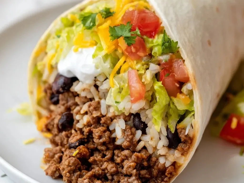 An open burrito filled with ground meat, rice, black beans, lettuce, tomatoes, cheese, and sour cream.
