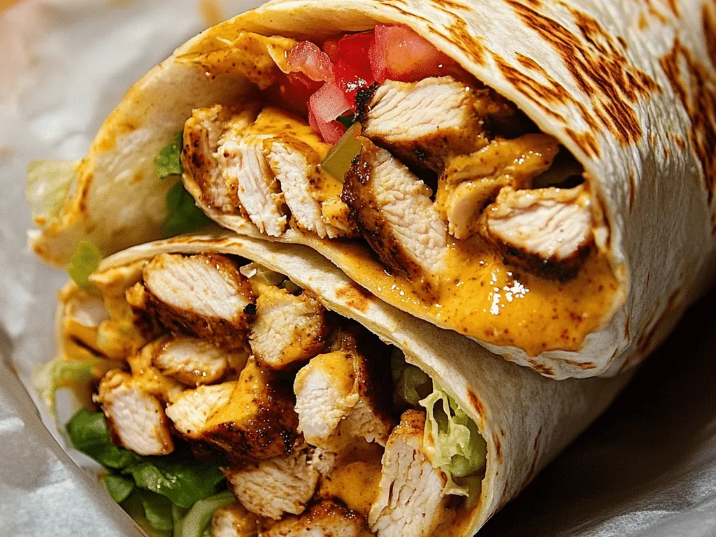 A halved burrito filled with sliced grilled chicken, melted cheese, tomato, and lettuce.