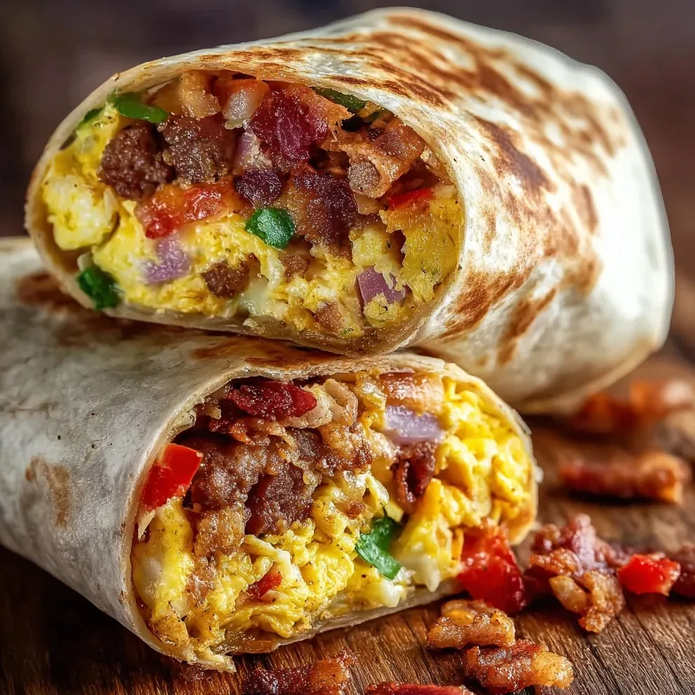 Halved breakfast burritos filled with scrambled egg, bacon, tomato, and onion.
