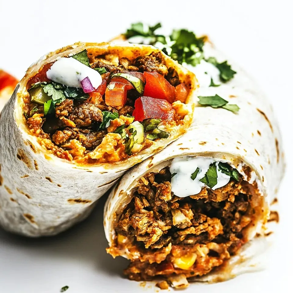 Two halved burritos filled with seasoned meat, tomatoes, herbs, and sour cream.
