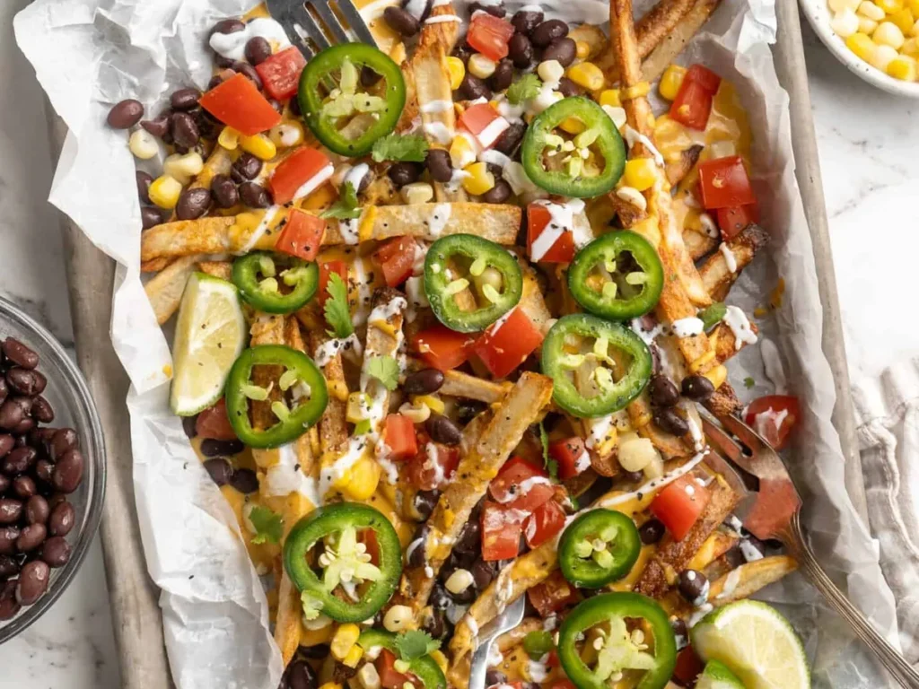 Loaded fries topped with sliced jalapenos, diced tomatoes, black beans, corn, and lime wedges.