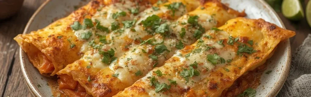 Rolled tortillas topped with melted cheese and herbs on a plate with lime wedges.