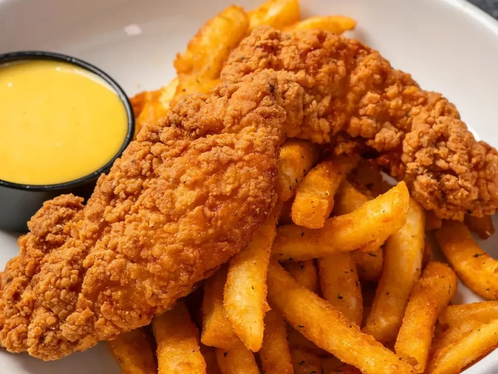 Crispy fried chicken tenders on French fries beside a bowl of yellow dipping sauce.