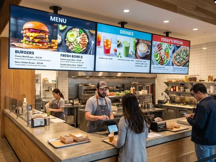 A restaurant counter with illuminated menu boards showing burgers, bowls, and drinks, with staff serving customers.