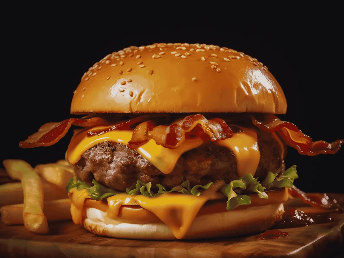 A cheeseburger with bacon, melted cheese, and lettuce beside French fries against a dark background.