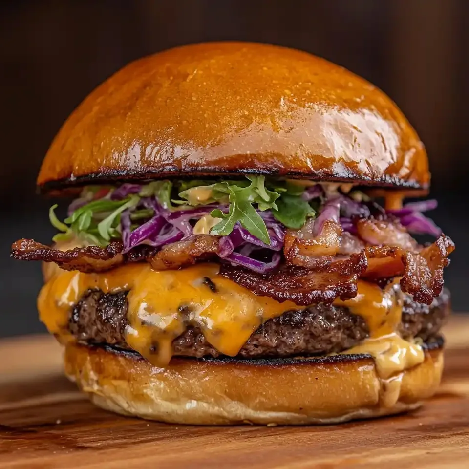A cheeseburger with bacon, melted cheese, leafy greens, and red cabbage in a glossy bun.
