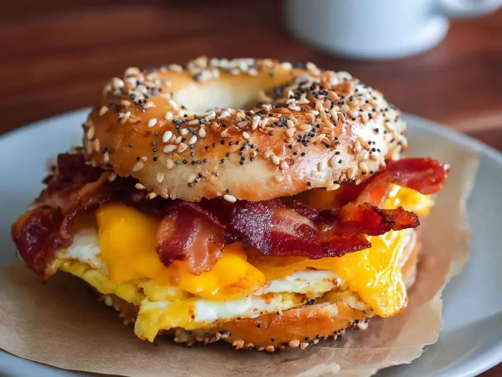 A seeded bagel sandwich filled with fried egg, melted cheese, and bacon on a plate.