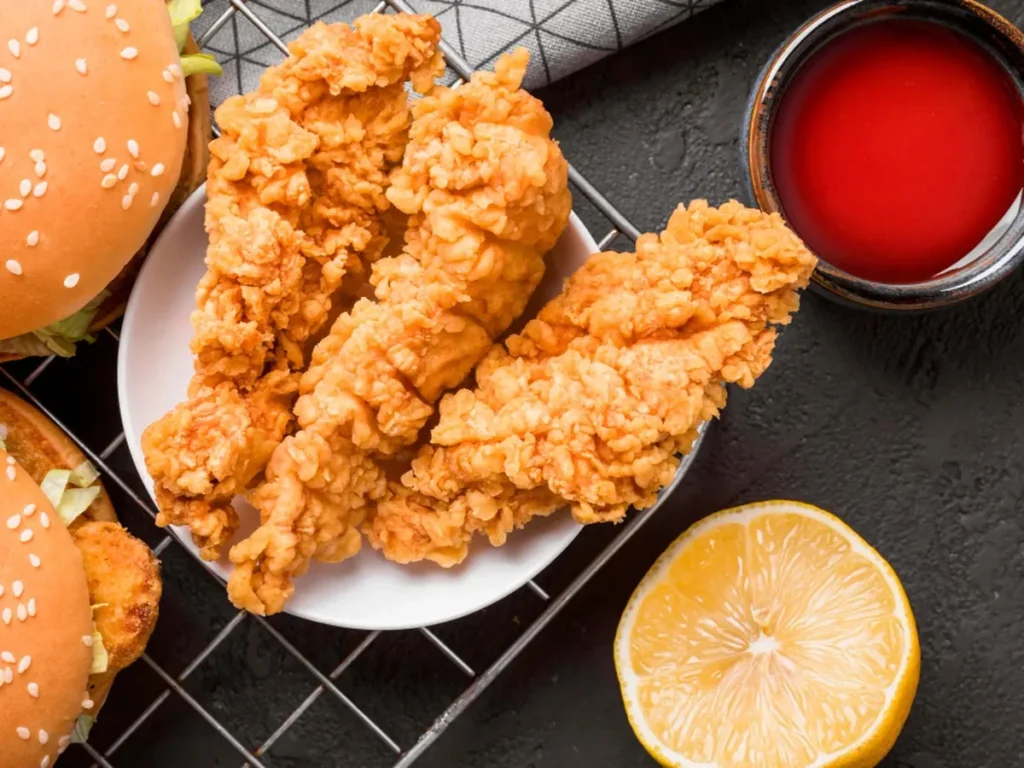Crispy fried chicken tenders on a plate with a bowl of red dipping sauce and a halved lemon.