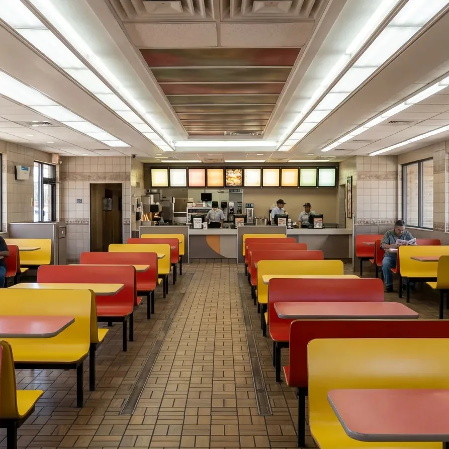 The interior of a fast food restaurant with red and yellow tables and chairs and a counter.
