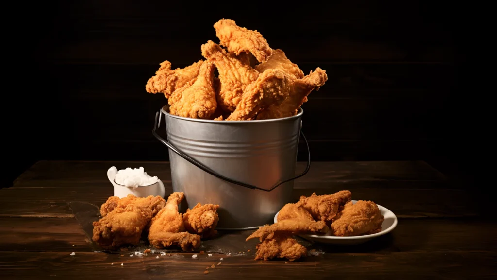 A metal bucket filled with crispy fried chicken pieces on a wooden table with more chicken pieces beside it.