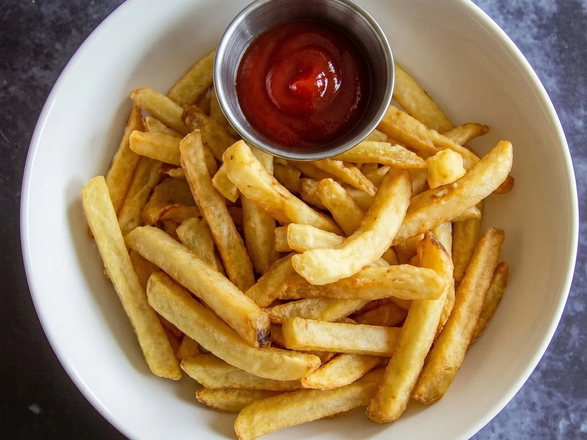 A bowl of golden french fries with a small pot of ketchup, viewed from above.