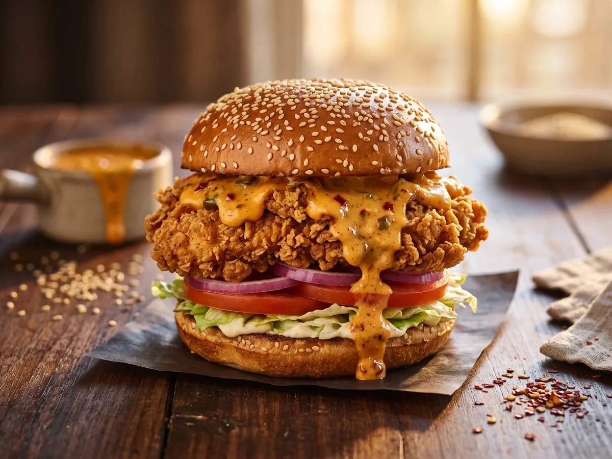A crispy fried chicken burger with lettuce, tomato, onion, and sauce in a sesame seed bun.