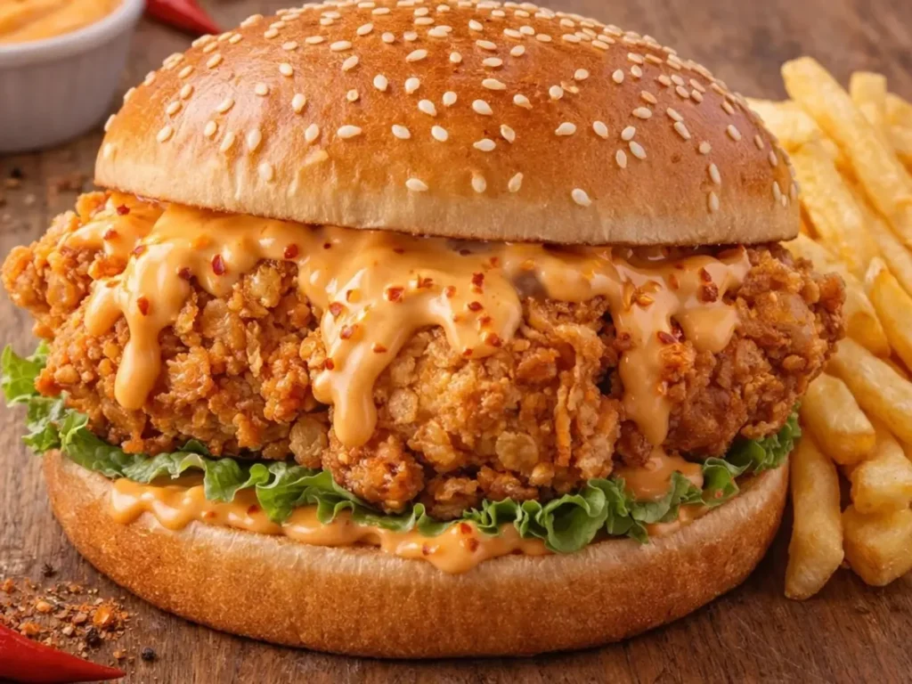 A crispy fried chicken burger with sauce in a sesame seed bun on a wooden board.