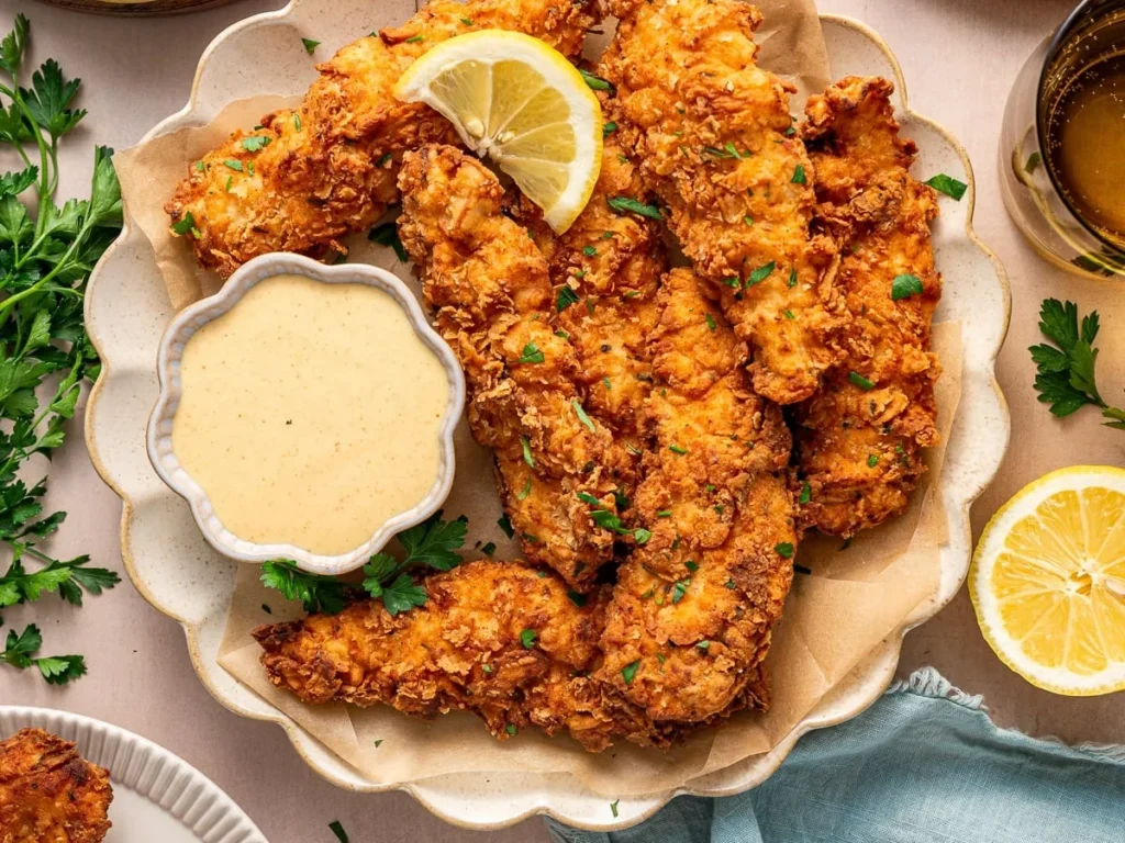 Crispy fried chicken pieces on a plate with a small bowl of dipping sauce and a lemon wedge.