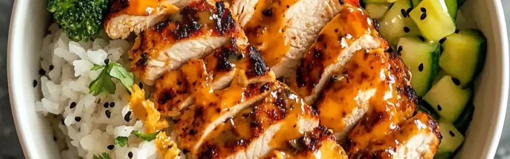 A bowl of rice topped with sliced grilled chicken, vegetables, and sauce.