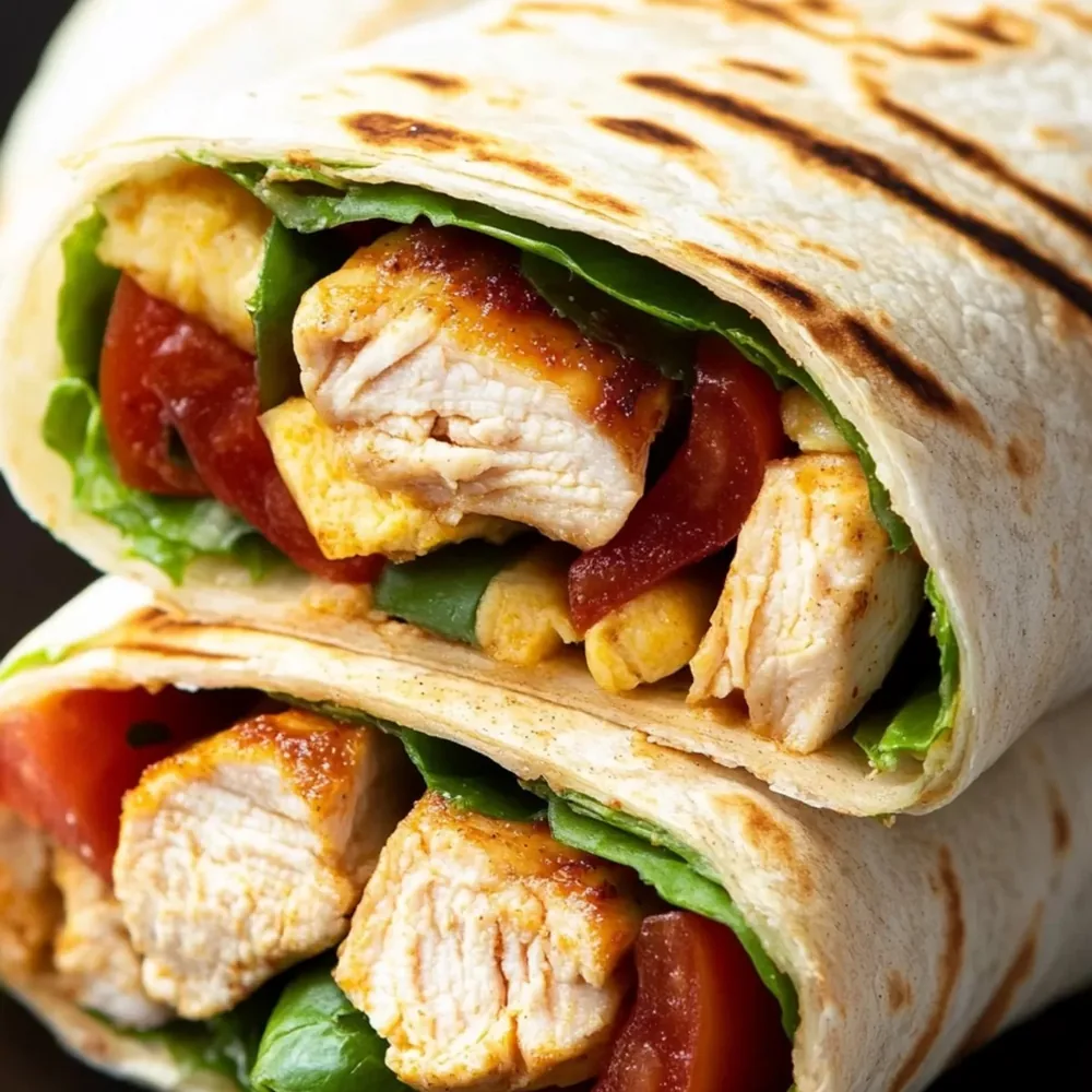 A grilled wrap cut in half, filled with chicken, tomato, and lettuce, on a plate.