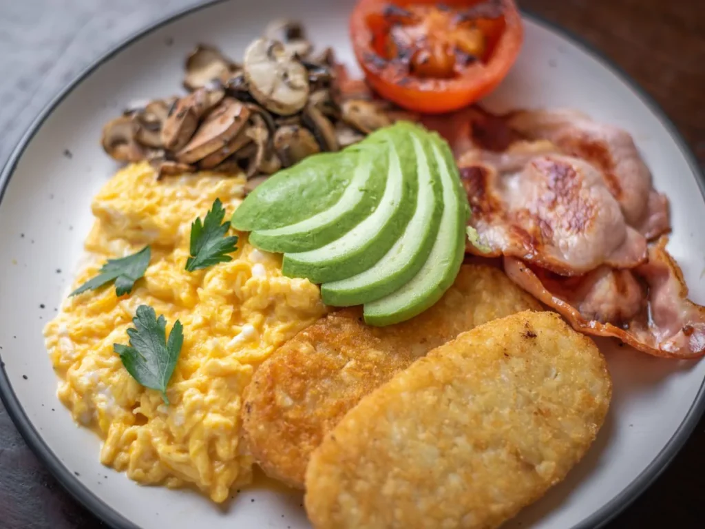 A breakfast plate with scrambled eggs, sliced avocado, hash browns, bacon, mushrooms and grilled tomato.