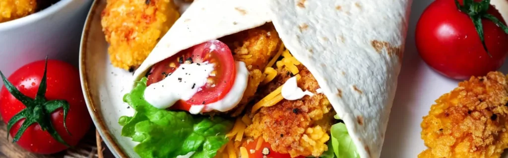 A crispy chicken wrap with lettuce, tomato and sauce, beside breaded chicken pieces and fresh tomatoes.