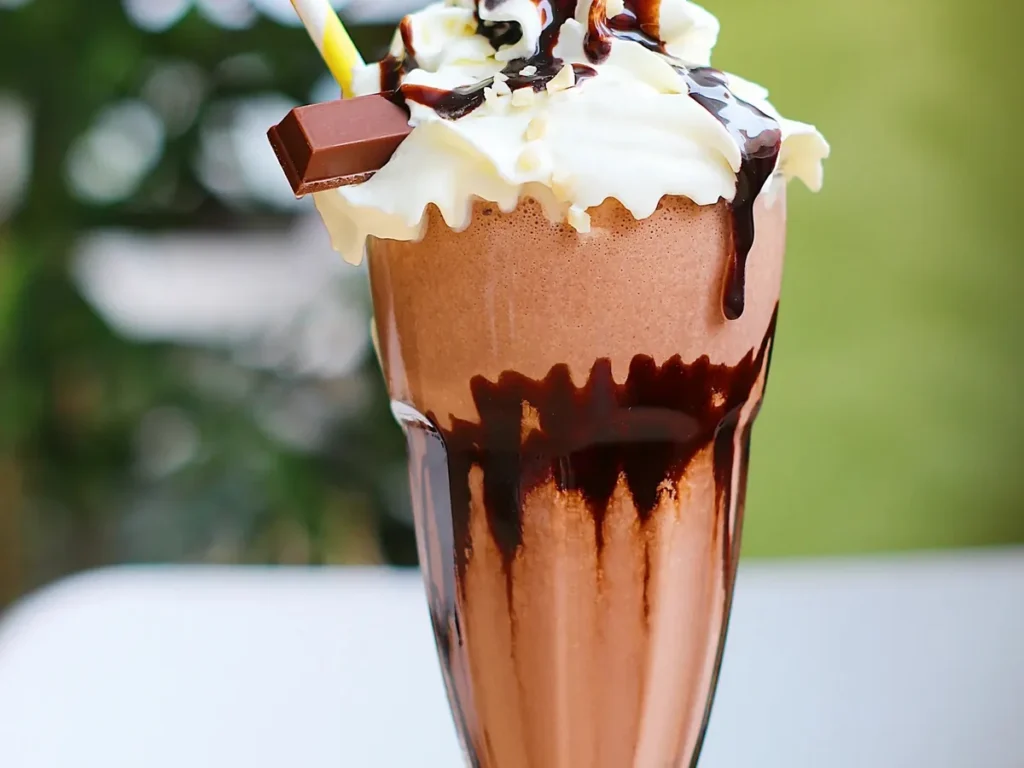 A tall chocolate milkshake topped with whipped cream, chocolate sauce and a piece of chocolate.