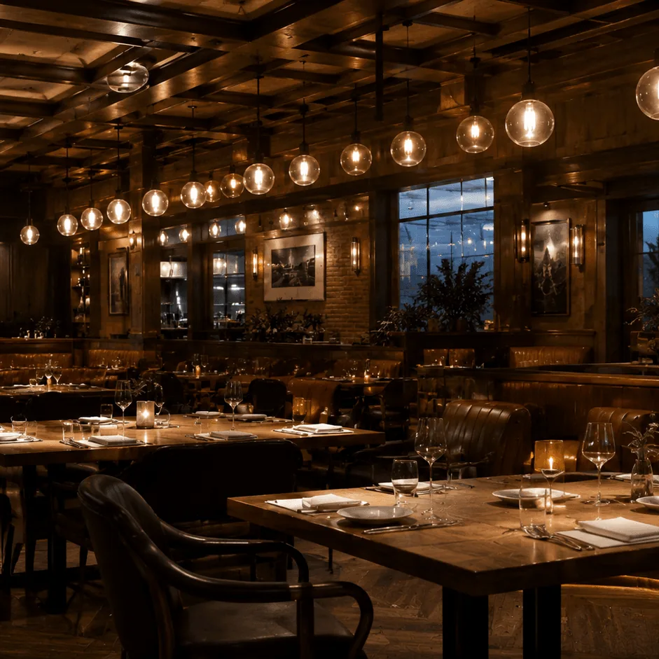 A warm restaurant dining room with wooden tables, hanging globe lights, and brick walls.