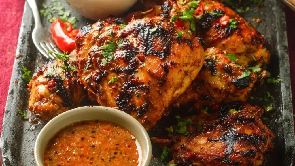 Charred grilled chicken pieces garnished with herbs and chilli, served with a bowl of sauce.