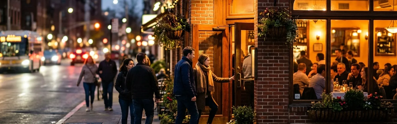 People entering a brick restaurant at night, with diners visible through large lit windows.