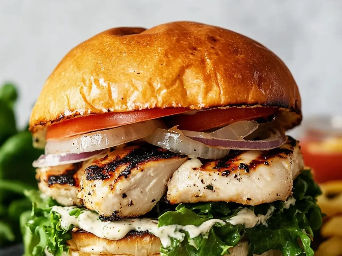 A grilled chicken burger with tomato, onion, lettuce, and sauce in a toasted bun.