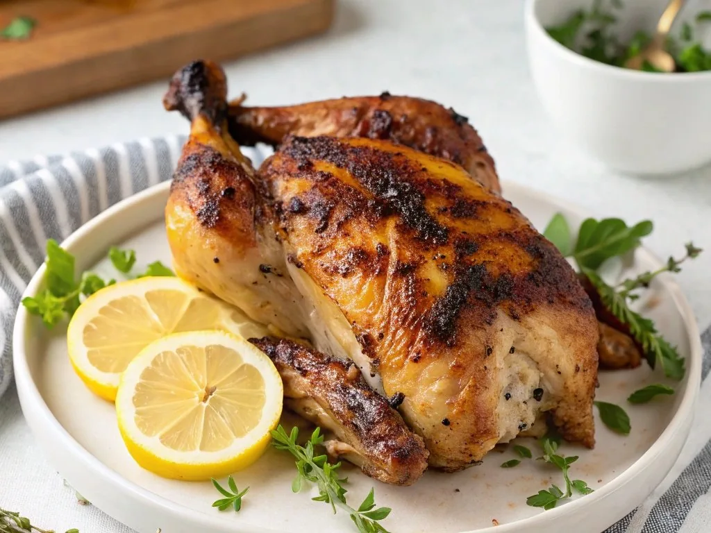 A grilled half chicken on a plate with lemon slices and fresh herbs.